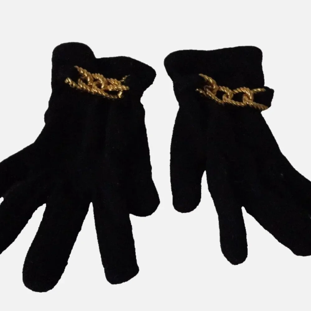 Vintage Grandoe Wool Angora Dress Gloves Black Gold Chain Women's Size A